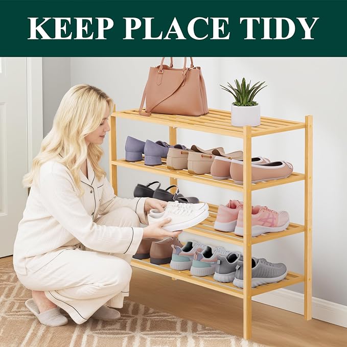 Smiry Bamboo Shoe Rack 4-Tier, Stackable Wooden Shoe Organizer for Entryway & Closet, Free Standing Wood Shoe Storage Shelf f