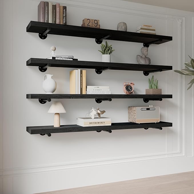Industrial Pipe Wall Wood Shelves,Real Long Wooden Shelves 60",11.8" Extra Width, Modern Floating Shevles for Wall Bookshelf 