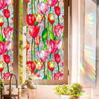 JOONOR Retro Tulip Flowers Window Privacy Film,Stained Glass Decals Colorful Floral Privacy Rainbow Decals Living Room Sun Blocking Decor Removable Static Cling Stickers,16.93 x 39.37 Inch