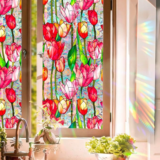 JOONOR Retro Tulip Flowers Window Privacy Film,Stained Glass Decals Colorful Floral Privacy Rainbow Decals Living Room Sun Blocking Decor Removable Static Cling Stickers,16.93 x 39.37 Inch