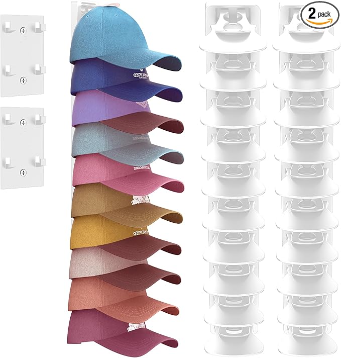 Hat Organizer for Baseball Caps 2 Pack, Adhesive Hat Rack for Wall, Baseball Cap Organizer (White)