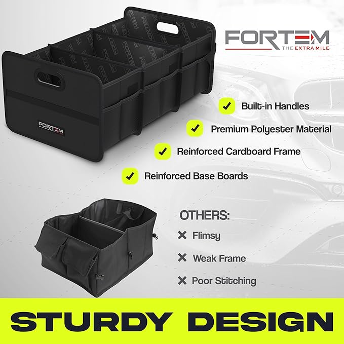 FORTEM Car Trunk Organizer, Collapsible Two Compartment Organizer, Foldable SUV & Truck Storage for Car Accessories for