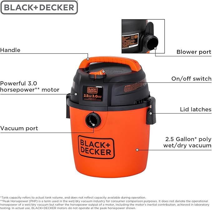 BLACK+DECKER 2.5 Gallon Shop Vac, 3 HP Wet Dry Vacuum with Powerful Suction, Portable for Garage Car and Home Use, Pet Hair C