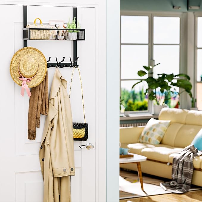 Consumest Over The Door Hooks Organizer - Over Door Hanger with 16 Hooks & 2 Baskets for Hanging Coat, Clothing, Towel, Back 