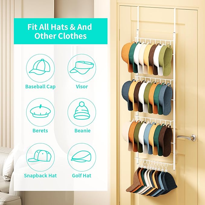 HapiRm Over Door Hat Organizer - 4 Tier Wall Mounted Hat Rack with 24 Hooks and 10 Movable Clips, Hanging Baseball Cap Organi