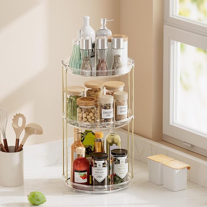 Delamu 3 Tier Rotating Makeup Organizer for Vanity, Skincare Organizer for Bathroom Counter, Spinning Perfume Organizer Cosme