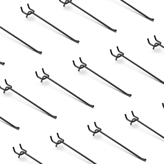 HUHOLE 25 Pack Black Pegboard Hooks 8 Inch – Heavy Duty Metal L-Hooks for 1/4" Peg Board – Garage Tool Organizer, Retail Disp