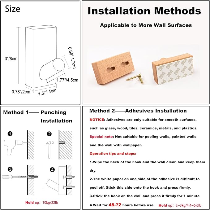 HomeDo Adhesive Wall Hooks Hat Rack, Wooden Coat Hooks Wall Mounted, Decorative Hooks Single Organizer Hat Hanger Towel Rack,