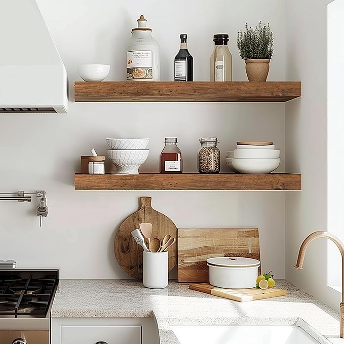 INHABIT UNION Rustic Brown Floating Shelves for Wall，24in Wall Mounted Display Ledge Shelves Perfect for Bedroom, Bathroom, L