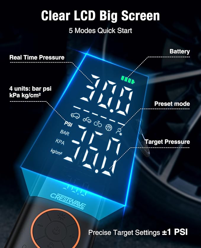 CrestWave Car Tire Inflator 20000mAh, 150PSI Portable Air Compressor Auto Stop & Digital Gauge, Fast Inflation for Car Tires, Bike, Motorcycle, Ball with Cordless Rechargeable Battery and 12V Adapter