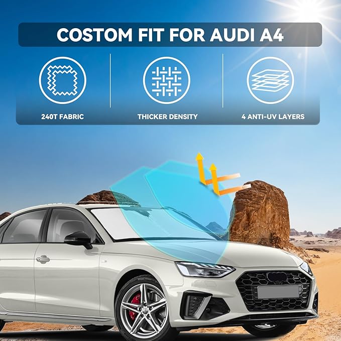 for Audi A4 2017-2024 2025 Windshield Sun Shade - 4 Layers Car Sunshades for Front Windows Shade Cover Custom Fit A4 Sun Visor 250T Retractable Shade Blocks UV Rays Car Accessories