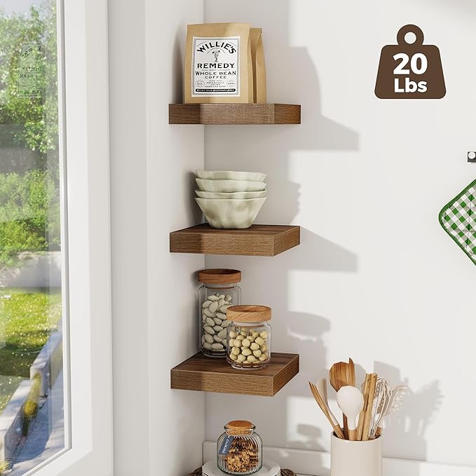 Fun Memories Small Floating Shelves for Wall - 8 Inch Square Wall Shelves with Invisible Brackets, Walnut Shelves for Bathroo