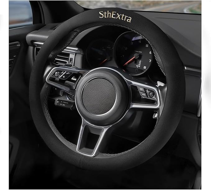 Suede Steering Wheel Cover with Upgraded Silicone Inner Ring, Anti Heat, Breathable, Anti-Slip, Leather Universal 14.5 to 15 