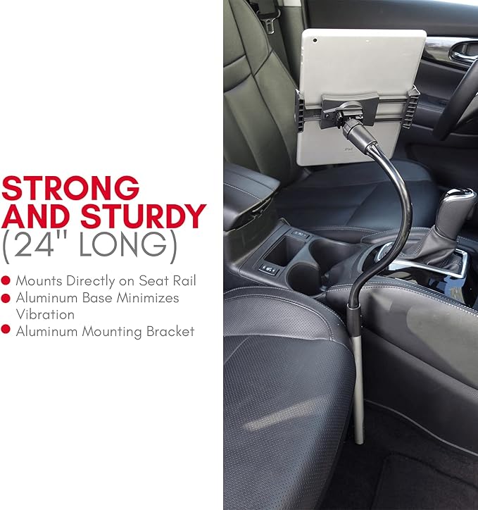 Macally Car Seat Rail Mount - Super Secure Tablet and Phone Holder for Car, Truck, and Any Vehicle - Adjustable Gooseneck iPad Mount - Works With All iPad, iPhone, Tablets