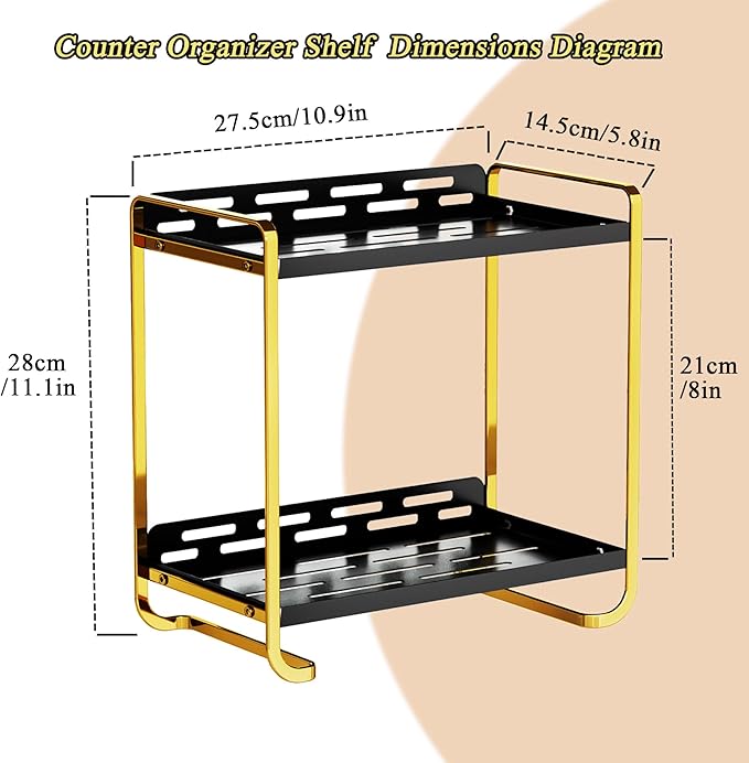 2-Tier Black and Gold Carbon Steel Bathroom Counter Organizer - Skincare Cosmetic Display Tray for Perfume, Makeup, Bathroom,