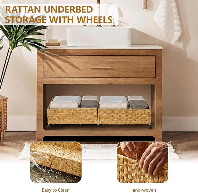 Under Bed Storage with Wheels, 31.5In/40L Large Rolling Underbed Storage Organizer Drawers Bins, Rattan Under the Bed Storage