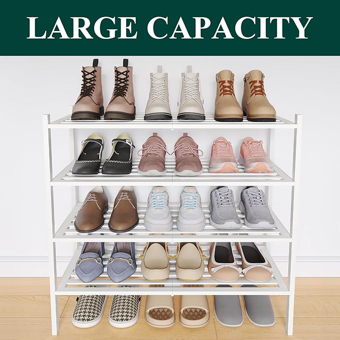 Smiry Bamboo Shoe Rack 4-Tier, Stackable Wooden Shoe Organizer for Entryway & Closet, Free Standing Wood Shoe Storage Shelf f