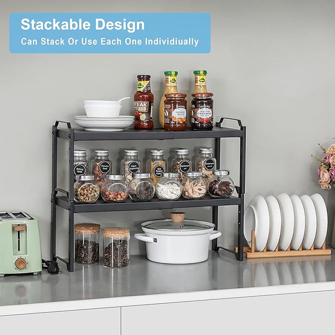 4 Pack Kitchen Cabinet Shelves Organizers, Kitchen Counter Storage Shelf Spice Rack, Expandable Length, Adjustable Height, St