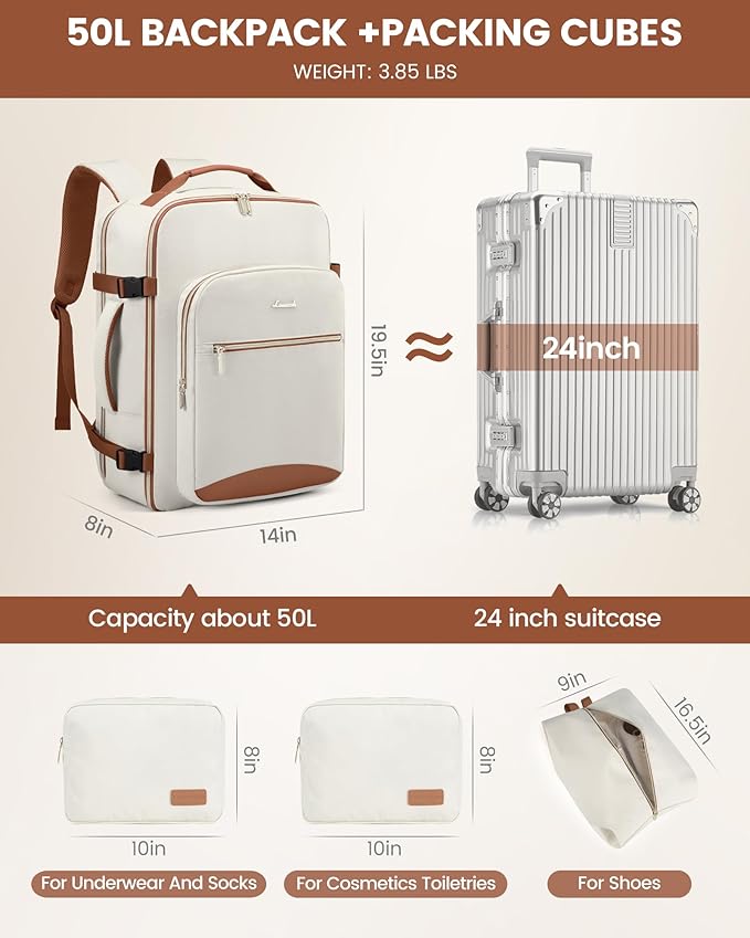 LOVEVOOK Travel Backpack for Women & Men 50L,Airline Approved Carry On Backpack Travel Essentials,TSA Carry on Luggage,Waterp