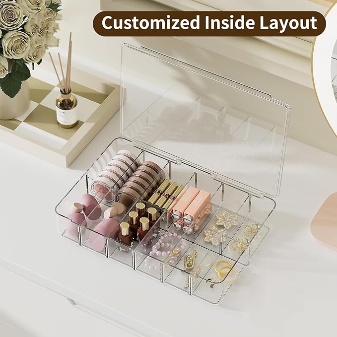 Clear Acrylic Makeup Organizer with Cover - 12 Compartments Cosmetic and Jewelry Organizer for Vanity and Desk Storage