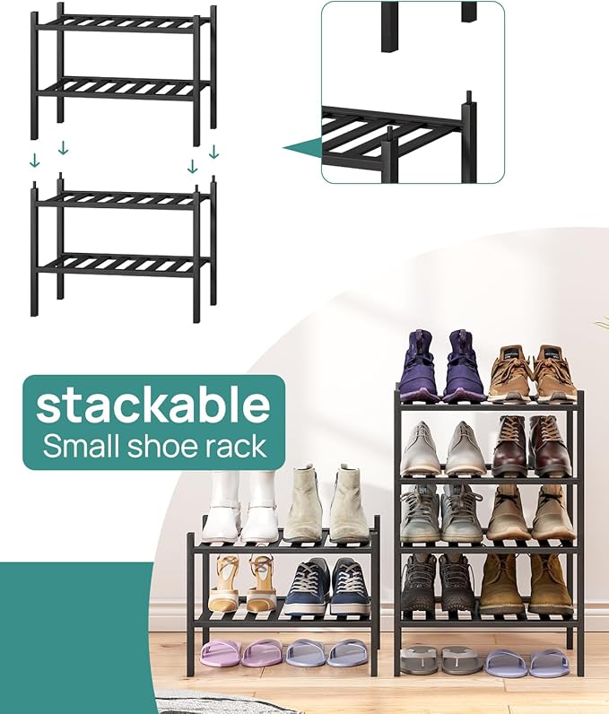viewcare Black Small Shoe Rack for Entryway,2-Tier Bamboo Shoe Organizer for Hallway Closet, Free Standing Shoe Racks for Ind