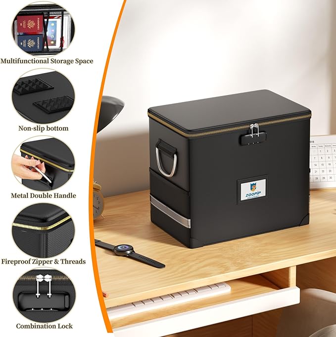 File Organizer with Lock,Fireproof Document Box,Hard Safe Box Includes 10 Hanging File Folders for Letter Size,Filing Cabinet