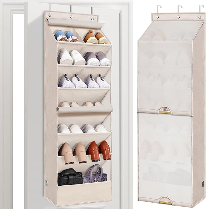 STORAGE MANIAC Over the Door Shoe Organizer with Curtain Dustproof Heavy-Duty Large Deep Pocket Hanging Shoe Organizer for Cl