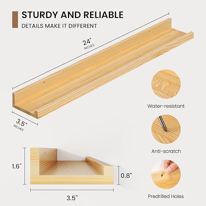 Picture Ledge Shelf, Solid Pine Wood Floating Shelves Set of 2, 24 Inches Nursery Book Shelves for Toys Storage, Kids Bookshe