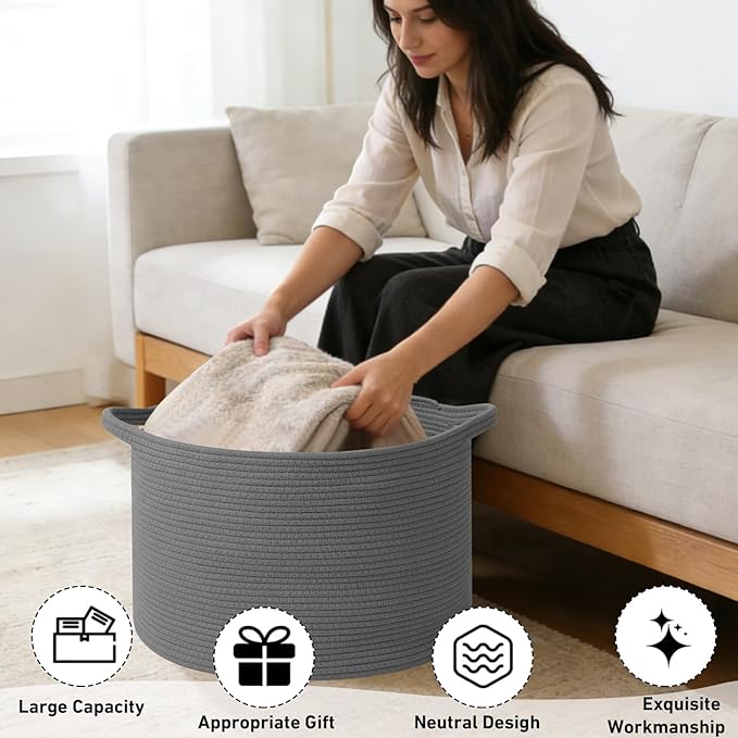 90L Extra Large Blanket Basket,Rope Woven Storage Basket with Handles, Laundry Hamper for Toys, Clothes, Pillows & Towels, Pe