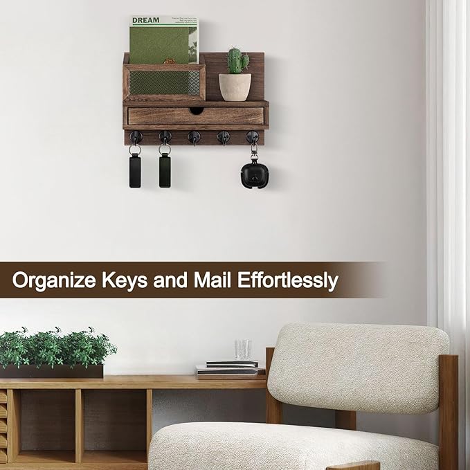 Key Holder Wall Mount, Key Holder for Wall with 5 Key Hooks and Storage Drawer Mail Organizer for Entryway Living Room Farmho