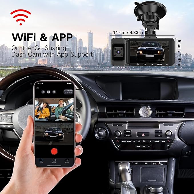 3 Channel Dash Cam Front and Rear Inside, 2.5K Dash Cam, APP Control, Night Vision, 3" IPS Screen, Built-in Wi-Fi, G-Sensor, 