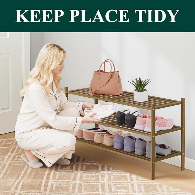 Smiry Long Bamboo Shoe Rack 3-Tier, Stackable Wooden Shoe Organizer for Entryway & Closet, Free Standing Wood Shoe Storage Sh