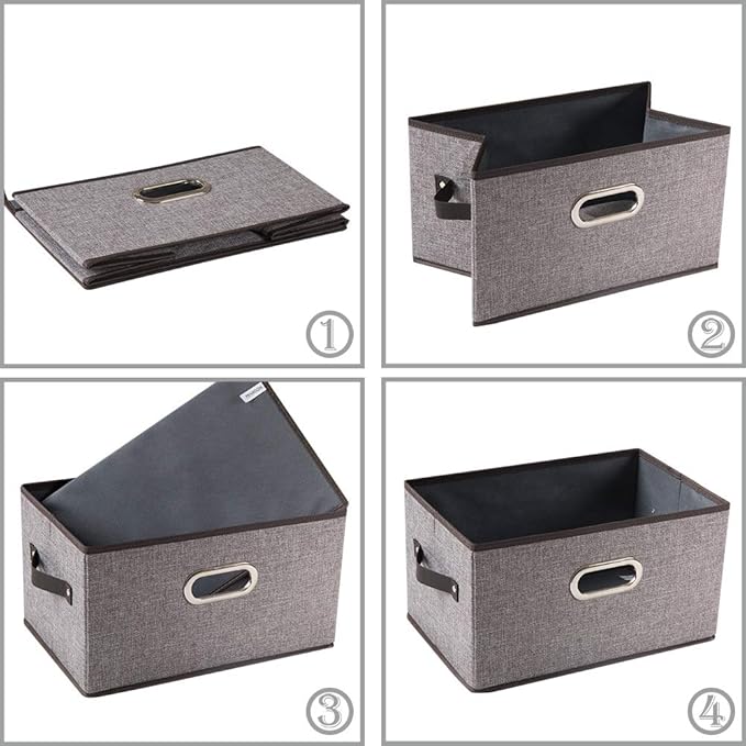 PRANDOM Large Foldable Storage Bins for Shelves [3-pack] Decorative Linen Fabric Storage Baskets Cubes with Leather/Metal Han