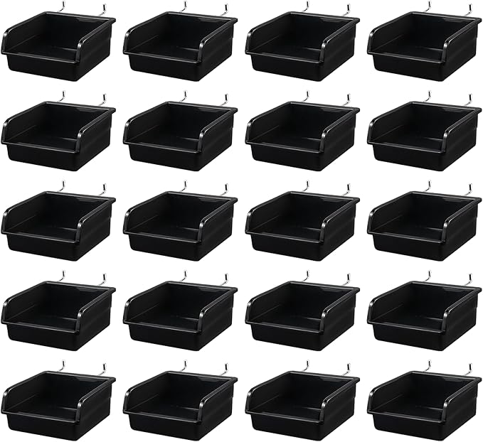 20 Pack Pegboard Bins With Metal Hooks, Black Pegboard Storage Bins, Pegboard Containers For Peg Board Organizing Accessories