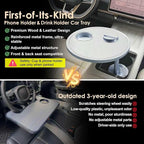 Car Food Tray & Car Table Tray with Car-Grade Aluminum Cup Holder & Phone Stand, Premium Wood with Leather Surface, 360° Rotating Car Desk for Laptop &Eating (Round, White)