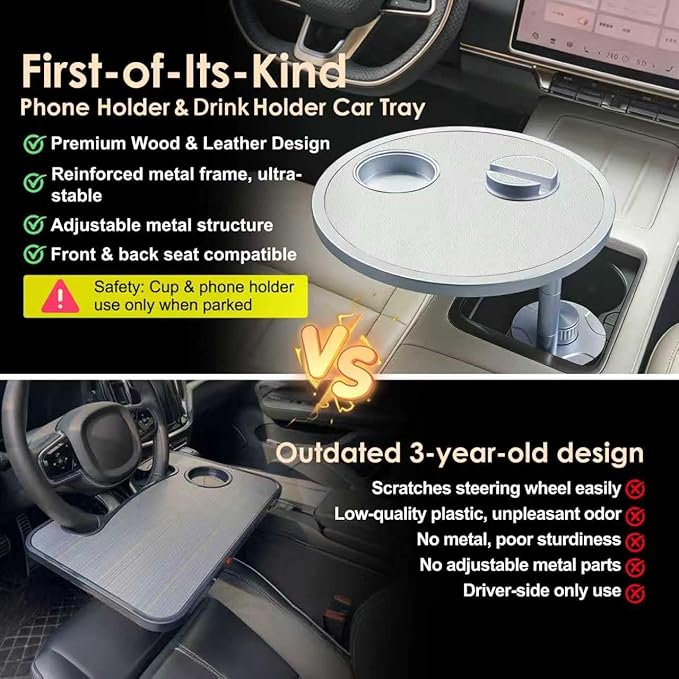 Car Food Tray & Car Table Tray with Car-Grade Aluminum Cup Holder & Phone Stand, Premium Wood with Leather Surface, 360° Rotating Car Desk for Laptop &Eating (Round, White)