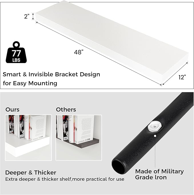 Floating Shelves for Wall, 48 Inch Wide x 12 Inch Deep Floating Shelves, Long Wood Floating Wall Shelf Shelves for Living Roo