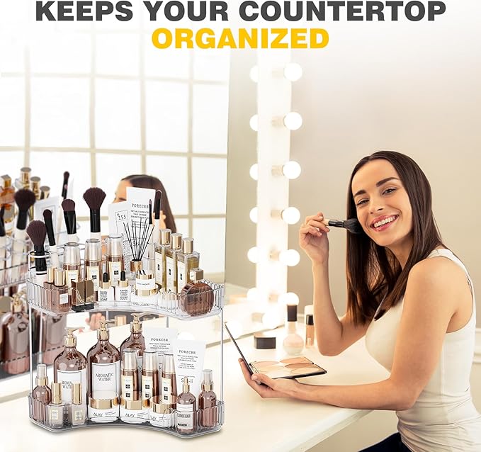 Asayuee 2-Tier Corner Bathroom Counter Organizer with Top Toothbrush Holders,Large Makeup Organizer Countertop with Brush Hol