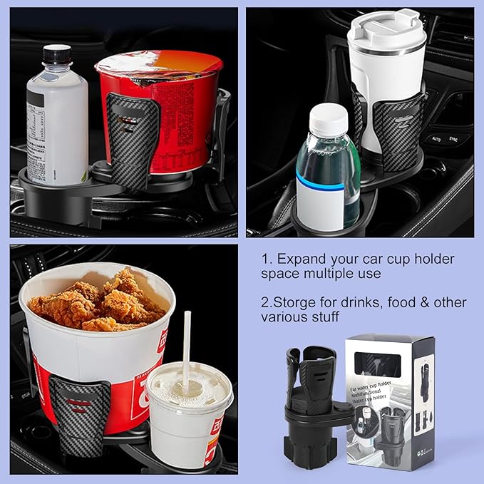 JINKEY Upgrade 2 in 1 Multifunction Cup Holder Extender, 360°Adjustable Rotating Dual Cup Holder Insert for Stanley Car Water Bottle Holder Adapter Carbon Fiber