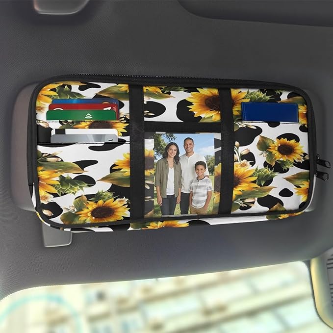 Car Sun Visor Organizer,Cow-Print Sunflower Auto Interior Accessories Pocket Organizer Glasses Clip， Truck SUV Storage Pouch Holder with Double Zipper Pockets