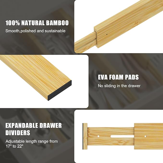 Bamboo Drawer Dividers,17-22" Adjustable Kitchen Drawer Organizer for Clothes,8 Pack Expandable Drawer Organization Separator