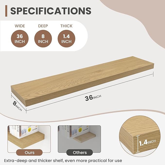 36 Inch Floating Shelves, 8 Inch Deep Floating Shelves for Wall, Hanging Shelf with Invisible Brackets, Deep Shelves for Bath