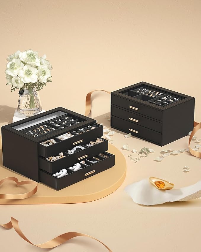 AKOZLIN Jewelry Box with Clear Lid Functional Leather Jewelry Storage Organizer Case 3 Drawers for Women Girls Necklace Ring 