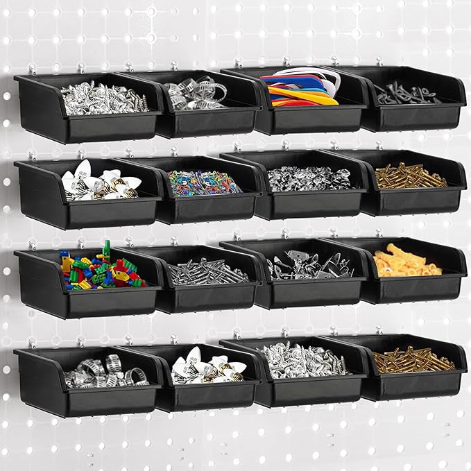 Foraineam 16 Pack Pegboard Bins with Metal Hooks, Black Garage Workbench Bins Cups Peg Board Accessories Kit, Pegboard Tools 