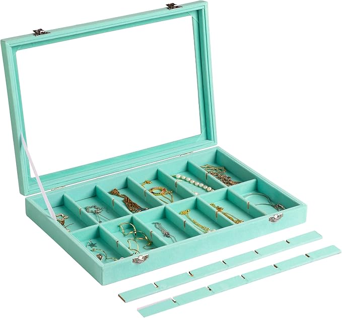Frebeauty Velvet Jewelry Tray,24 Grid Jewelry Organizer with Clear Lid,Earring Holder Organizer with Clasp,Drawer Insert Ring