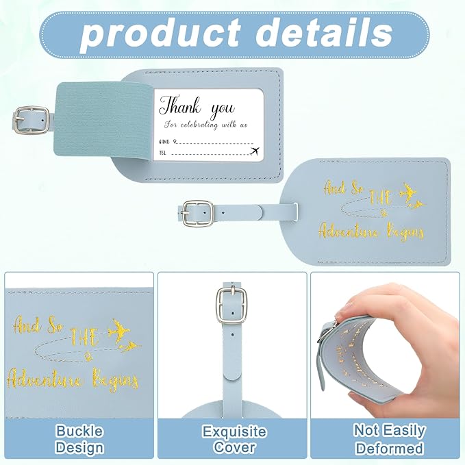 Sweetude 48 Sets Leather Luggage Tag Bulk and So The Adventure Begins Luggage Tags with Name Card for Wedding Bridal Shower B