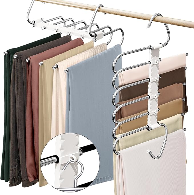Upgrade 6 Layers Pants Hangers Space Saving, 2 Pack Non Slip Stainless Steel Multifunctional Pants Rack S-Type Pant Closet Ha