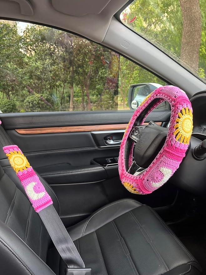 Handmade Crochet Sun and Moon Car Steering Wheel Covers Universal 14-15 inch for Women and Men (A,Steering Wheel Cover+2 Belt Cover)