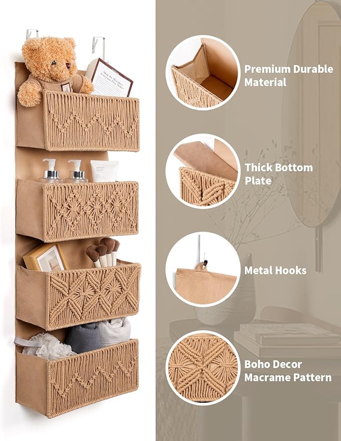 ANTIS'S HOME Nursery Over The Door Organizer Boho Decor Nursery Storage with 4 Large Woven Pockets, Macrame Nursery Organizer