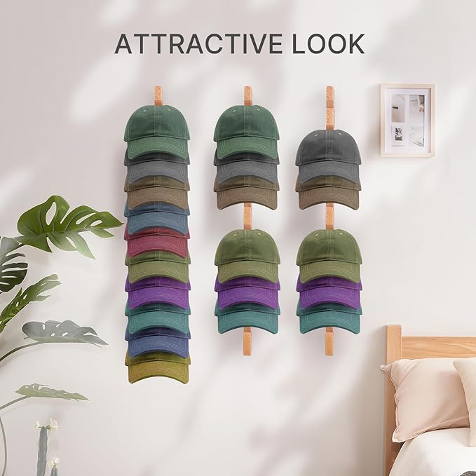 Solid Wood Hat Rack for Wall (2 Pack) - 20 Baseball Cap Organizer - Premium Beech Hat Holder & Vertical Display - Heavy Duty 